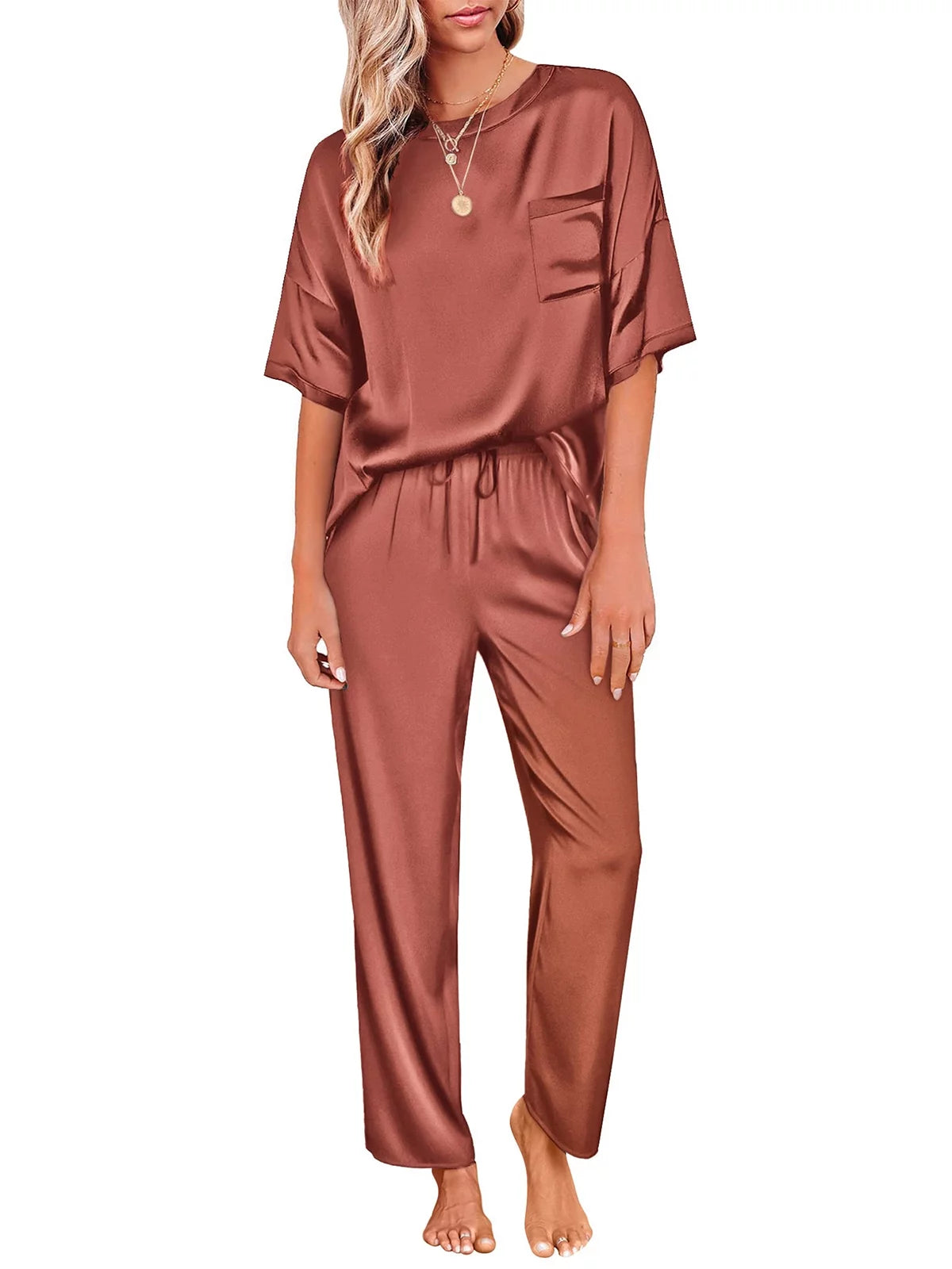 Womens Silk Satin Pajama Set Short Sleeve Shirt with Long Pajama Pant Set Two-Piece Pj Sets Soft Sleepwear Loungewear Nightwear Pjs S-2XL, Champagne, XL